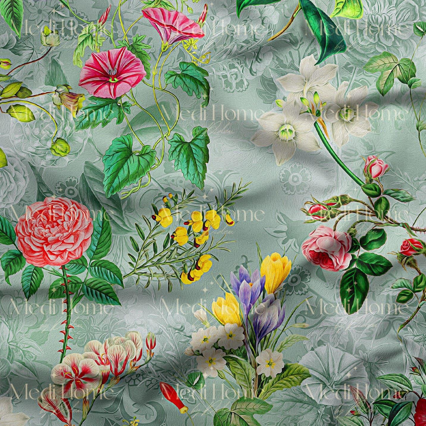 Mint Dokunuşta Vintage Bahar Çiçekleri Dijital Baskılı Kumaş