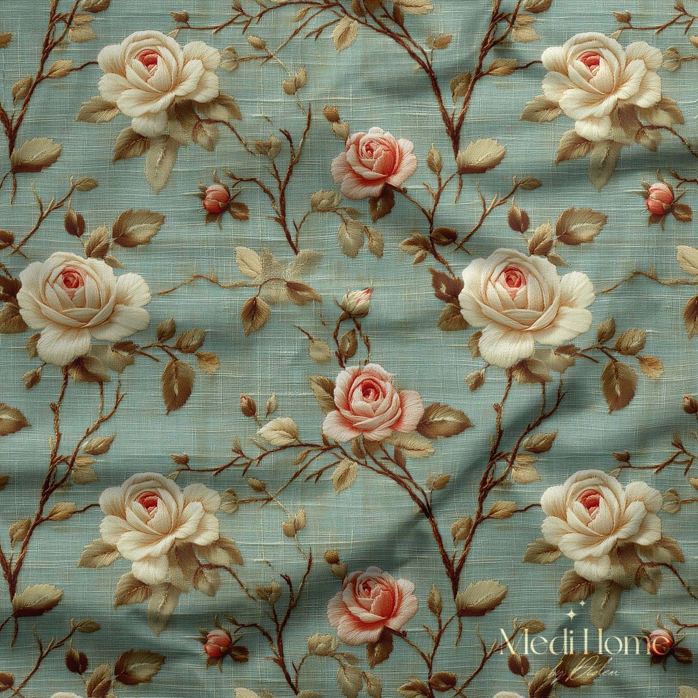 Mint Zeminli Krem Güller – 3 Boyutlu Vintage Dijital Baskılı Kumaş