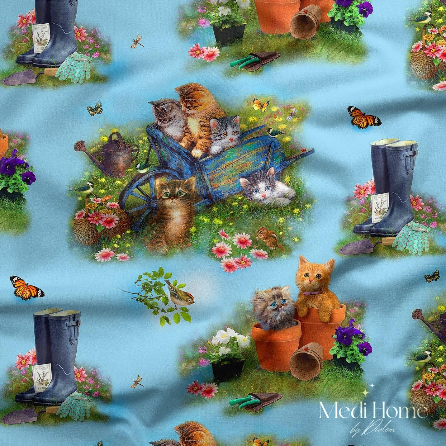 Miyavlı Bahar Bahçesi Dijital Baskılı Kumaş