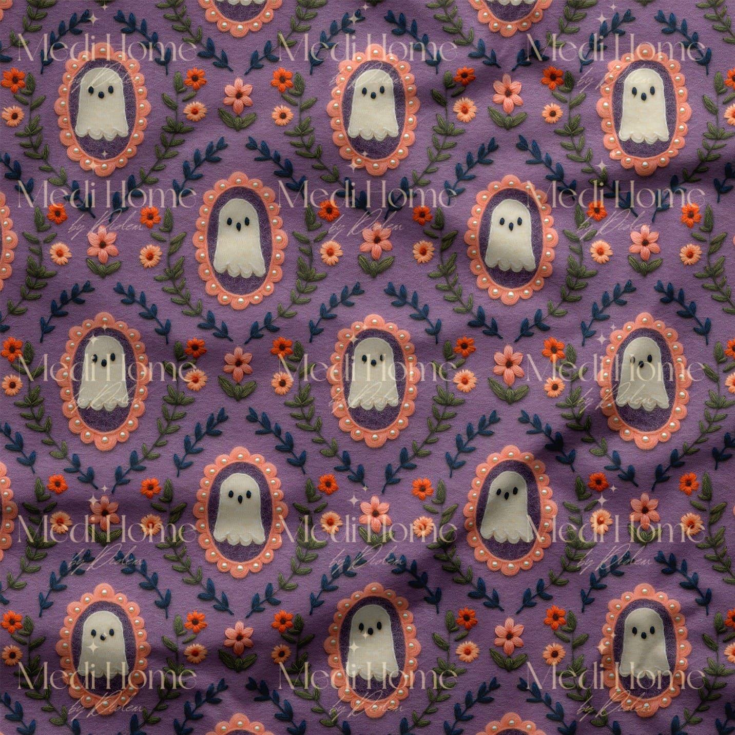 Mor Çiçekli Çerçevedeki Sevimli Hayaletler Dijital Baskılı Kumaş
