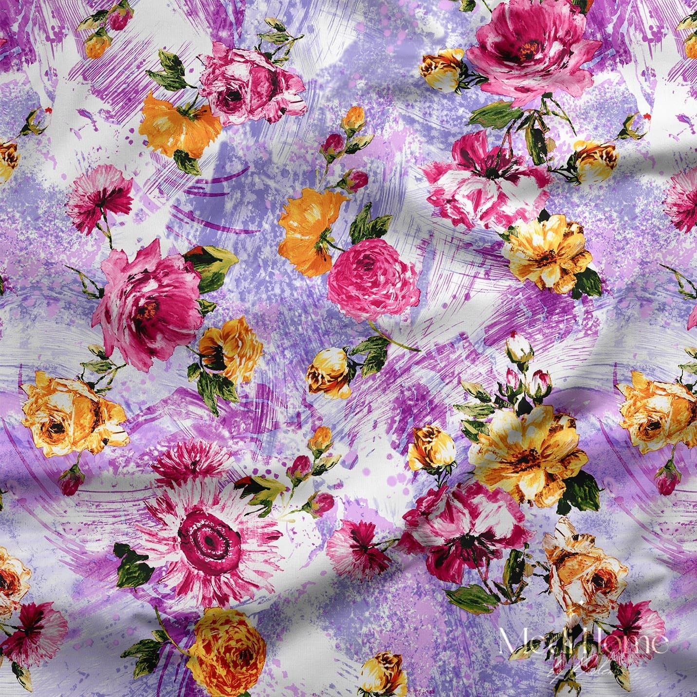 Mor Fırça İzlerinde Çiçek Bahçesi Dijital Baskılı Kumaş