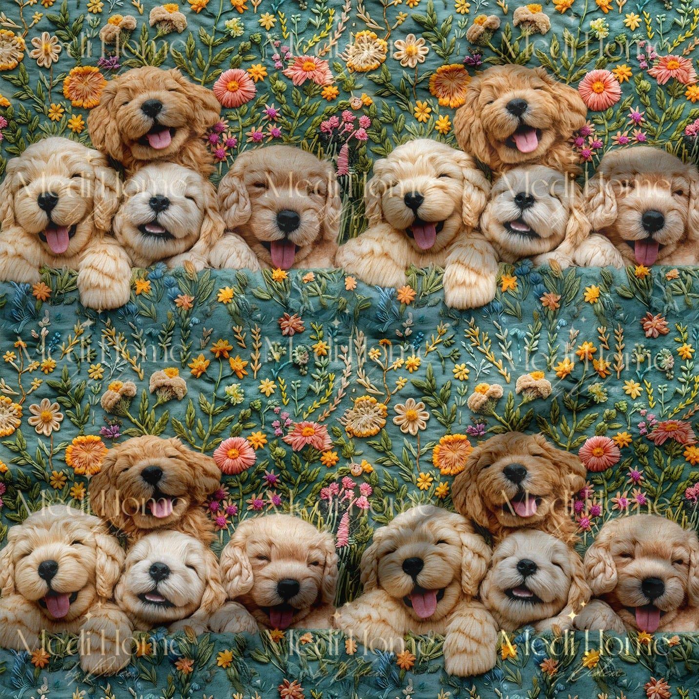 Mutlu Yavru Köpekler Dijital Baskılı Kumaş
