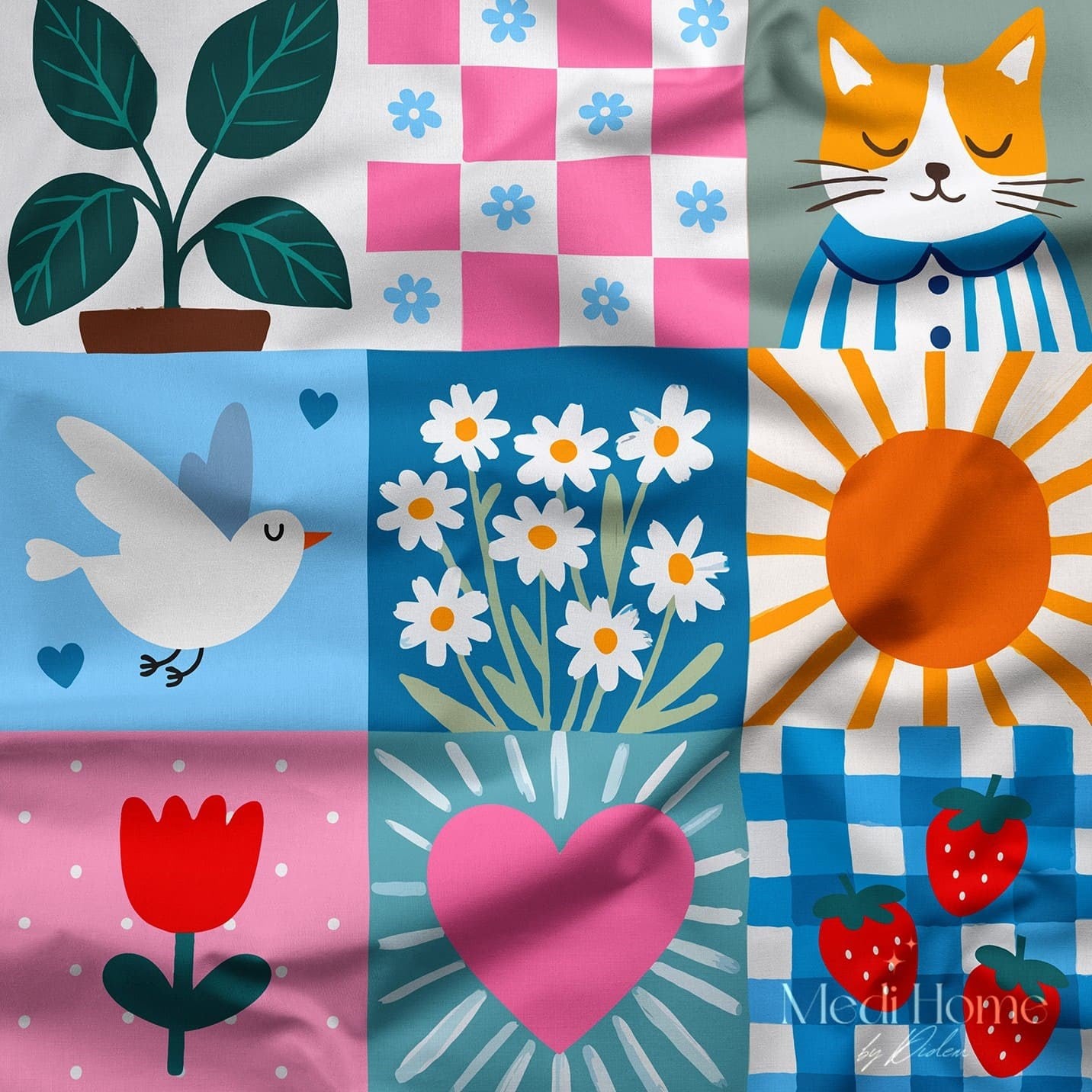 Mutluluk Kareleri Patchwork Dijital Baskılı Kumaş