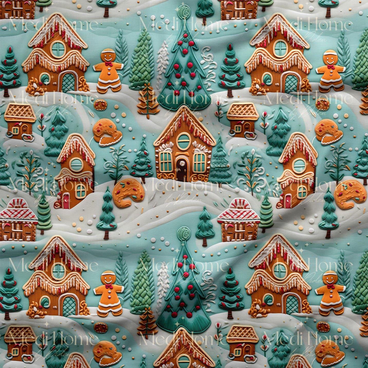 Nane Yeşili Gingerbread Tepeleri Dijital Baskılı Kumaş