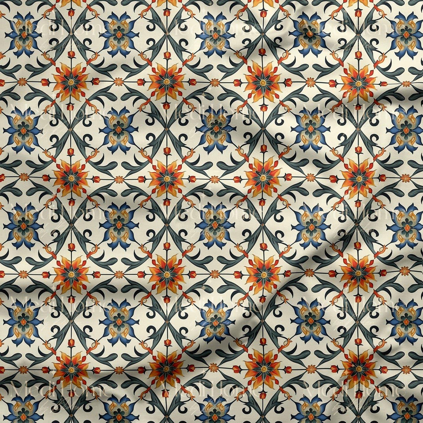 Nar Çiçeği Geometrik Bahçe Dijital Baskılı Kumaş