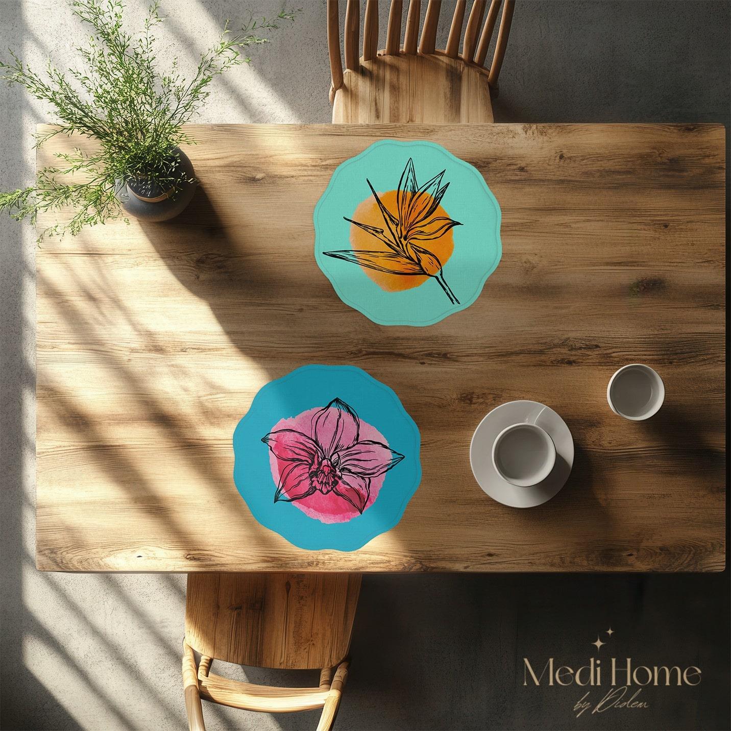 Neon Çiçeklerin Tropik Dansı Dijital Baskılı 6'lı Supla Kumaş