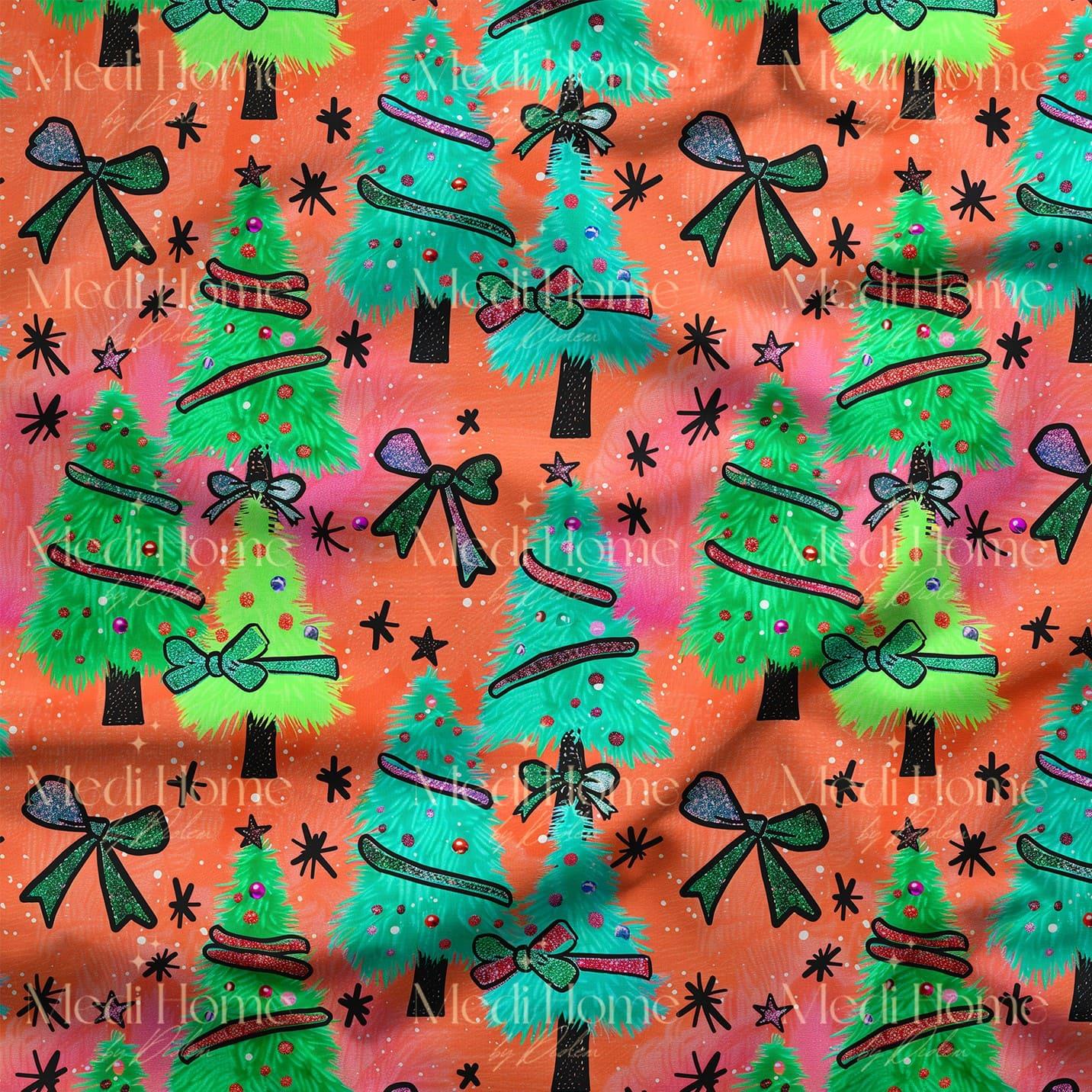 Neon Işıklı Çılgın Yılbaşı Ağaçları Dijital Baskılı Kumaş