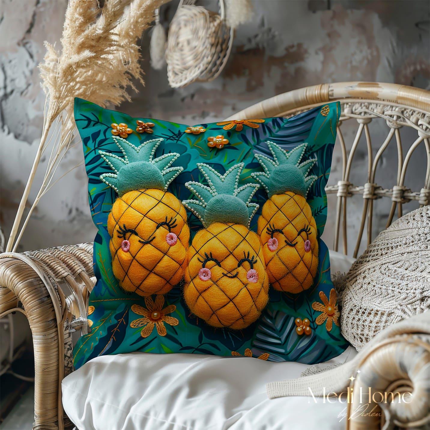 Neşeli Ananasların Tropik Gülümsemesi 3'lü Pano Kumaşı