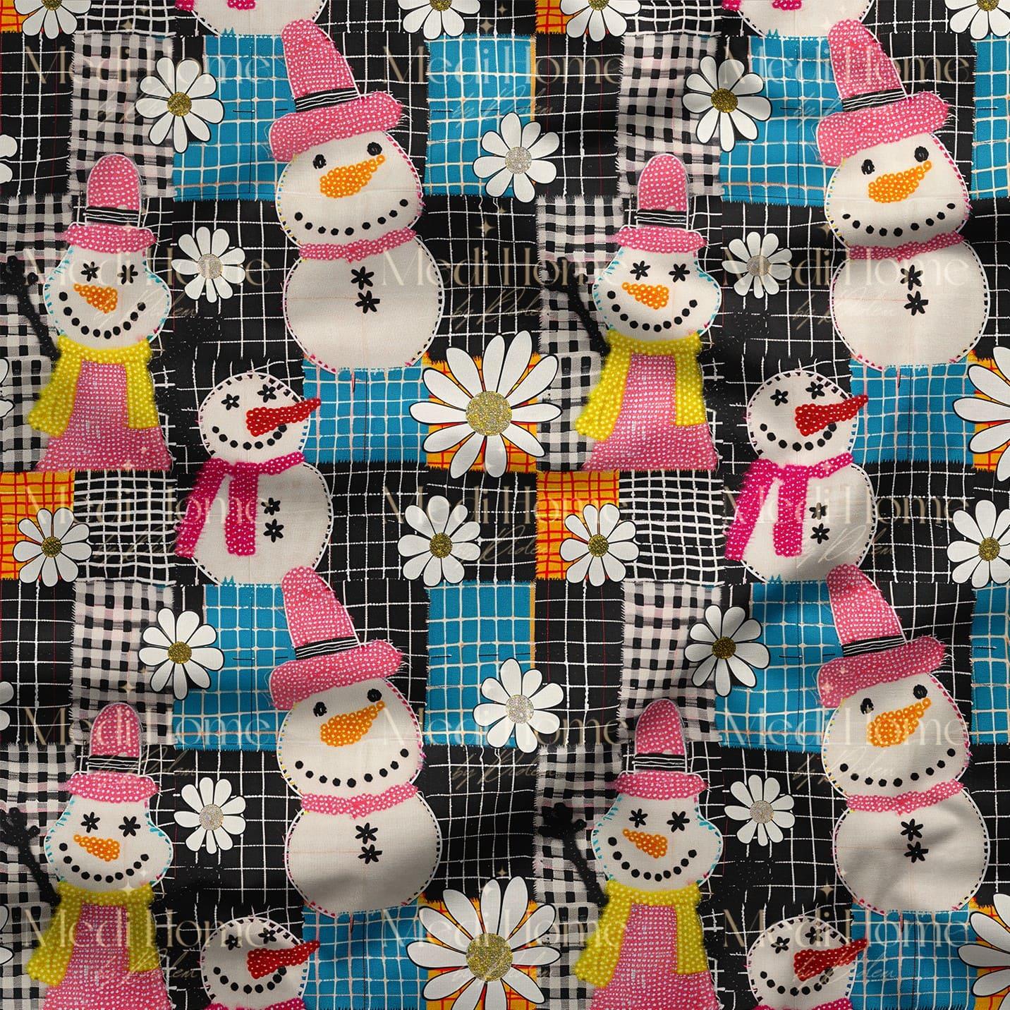 Neşeli Patchwork Kardan Adamlar Dijital Baskılı Kumaş