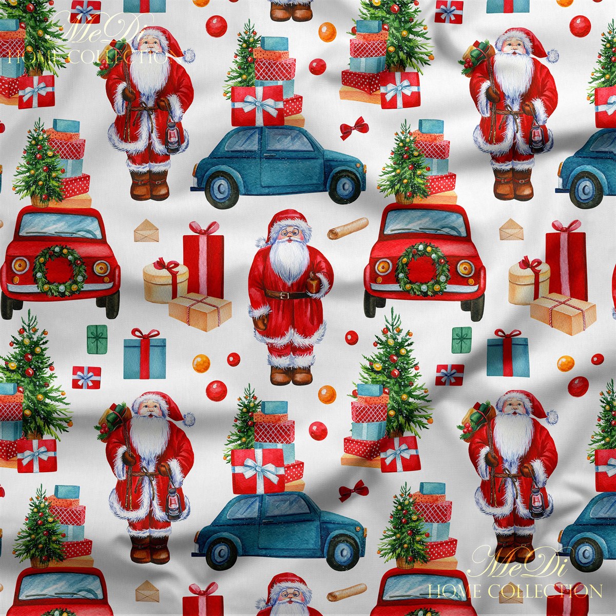 Noel Baba ve Yılbaşı Hediyeleri Desenli Dijital Baskılı Kumaş