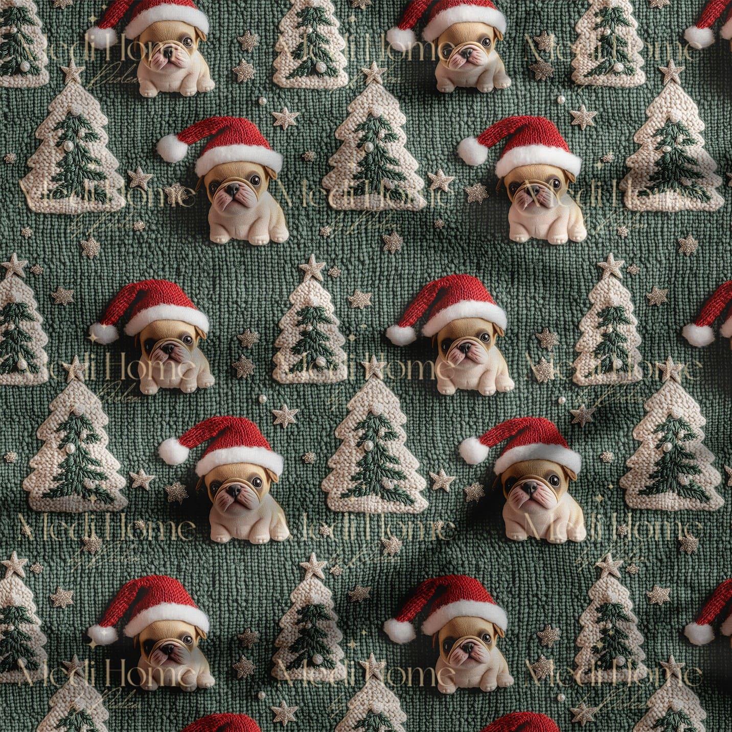 Noel Şapkasıyla Pug Sevinci Dijital Baskılı Kumaş