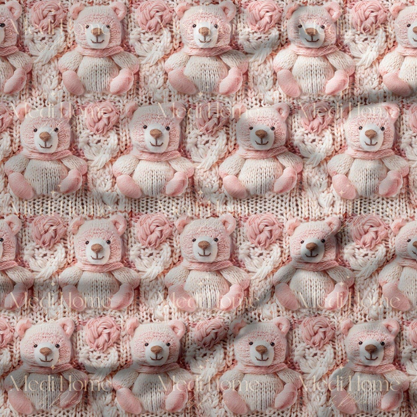 Örgü Battaniye Üzerinde Pembe Ayıcıklar Dijital Baskılı Kumaş