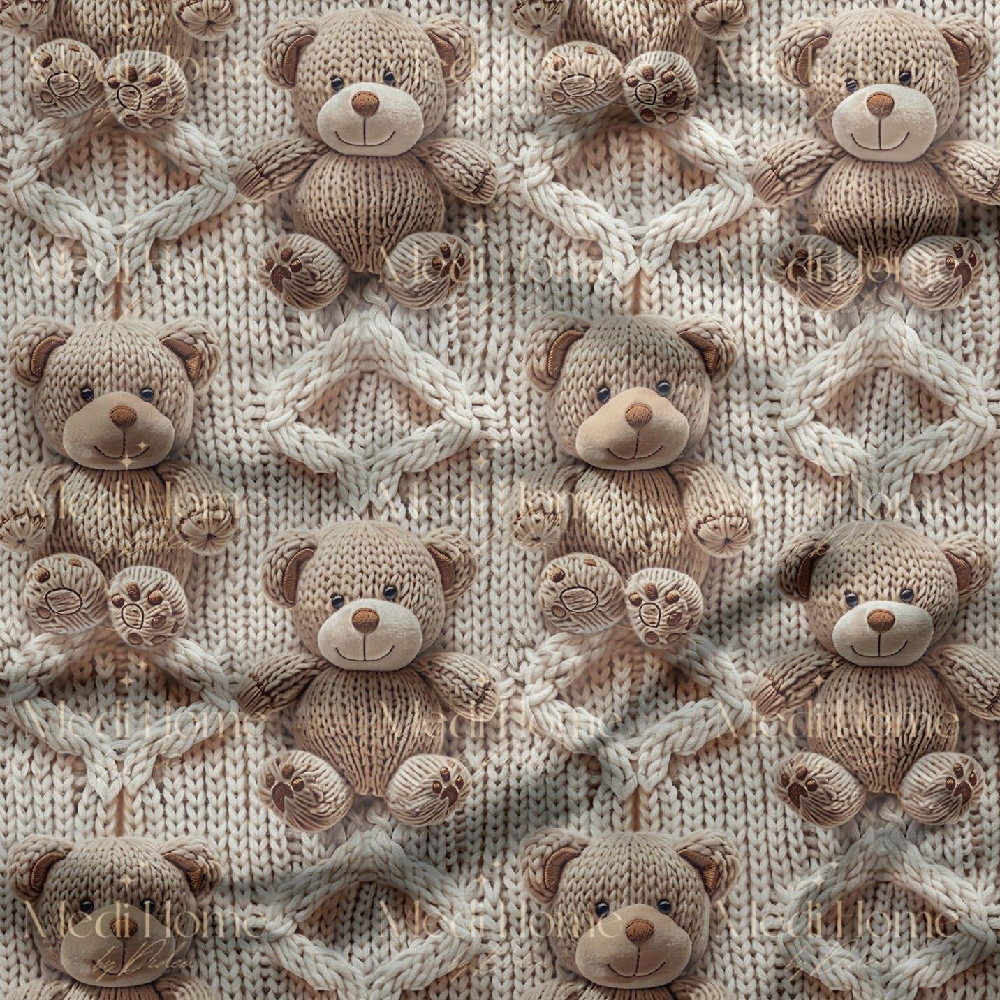 Örgü Kalpler İçinde Teddy Gülüşleri Dijital Baskılı Kumaş