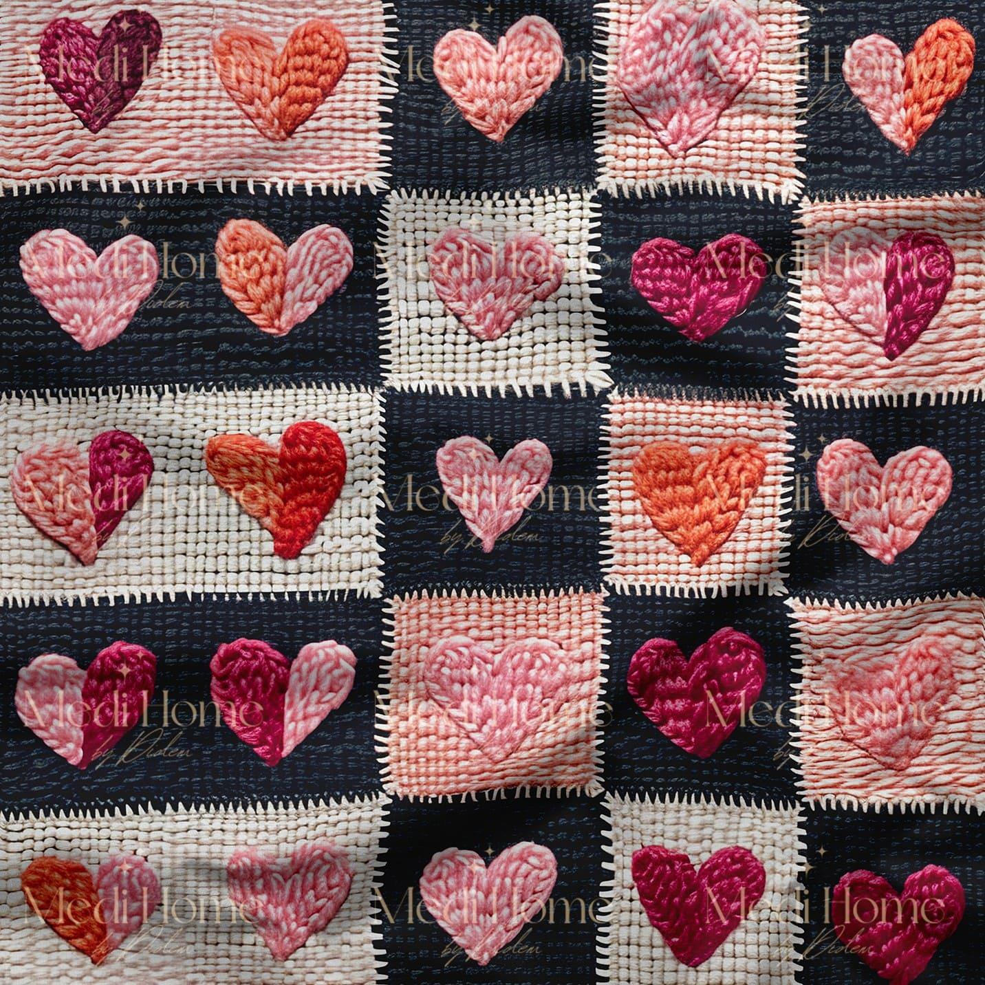 Örgü Kalplerin Patchwork Aşkı Dijital Baskılı Kumaş