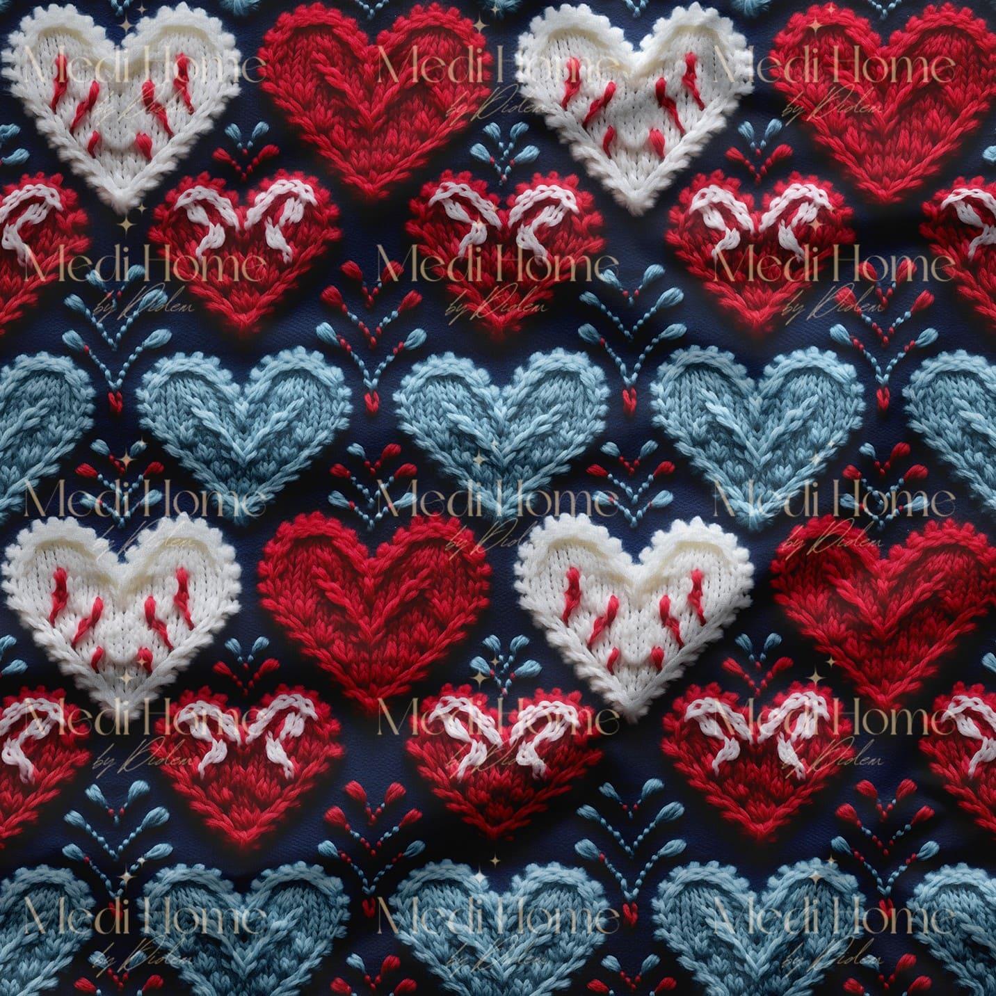 Örgü Kalplerin Sıcak Ritmi Dijital Baskılı Kumaş