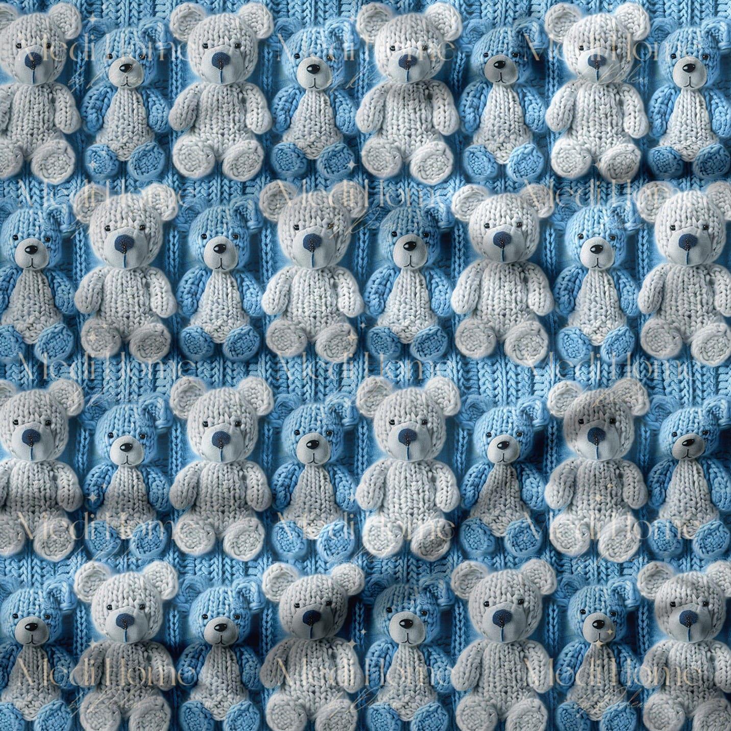 Örgü Ritminde Mavi ve Krem Teddy Dostluğu Dijital Baskılı Kumaş