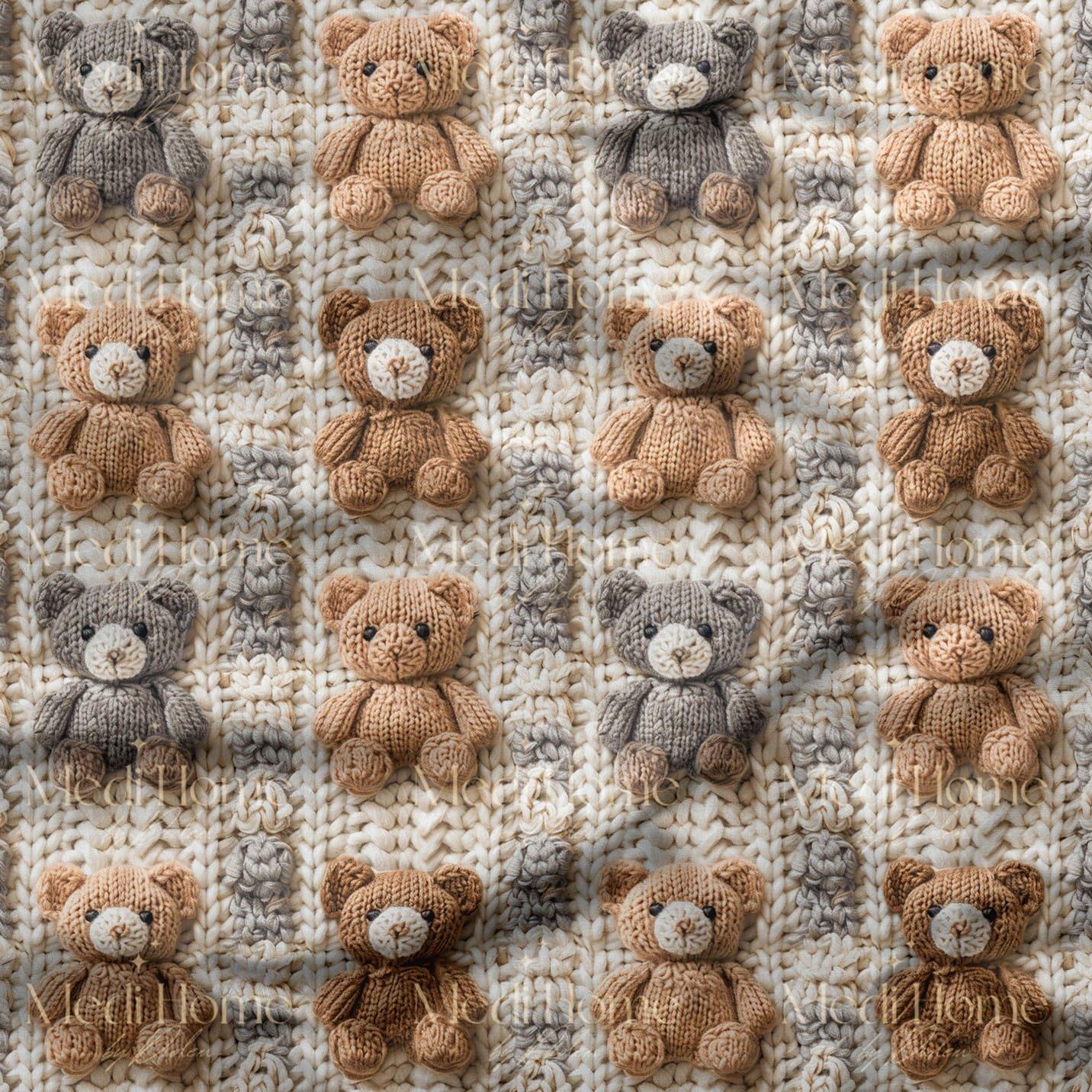 Örgü Zeminde Renkli Teddy Ayıcıklar Dijital Baskılı Kumaş