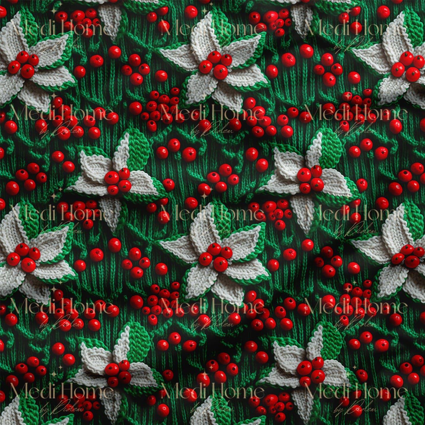 Örgüden Yılbaşı Çiçekleriyle Kırmızı Düşler Dijital Baskılı Kumaş