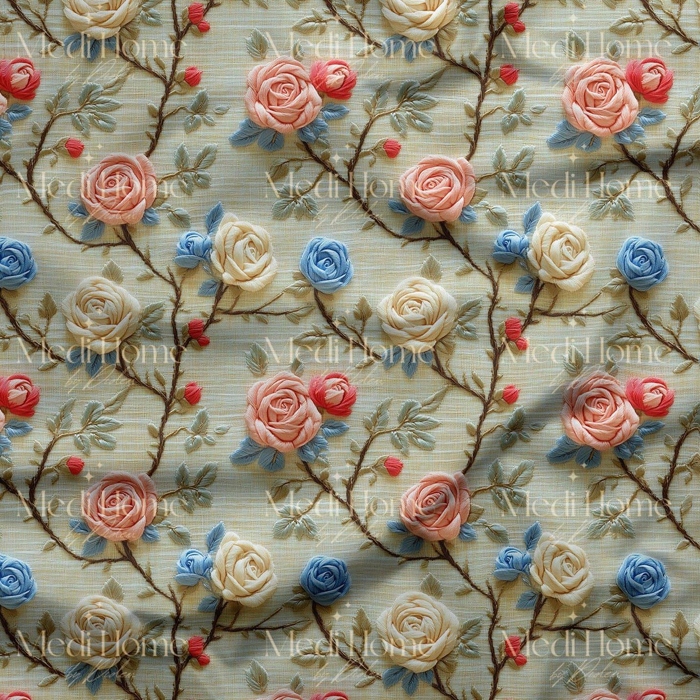 Pastel Bahar Gülleri – 3 Boyutlu Vintage Dijital Baskılı Kumaş