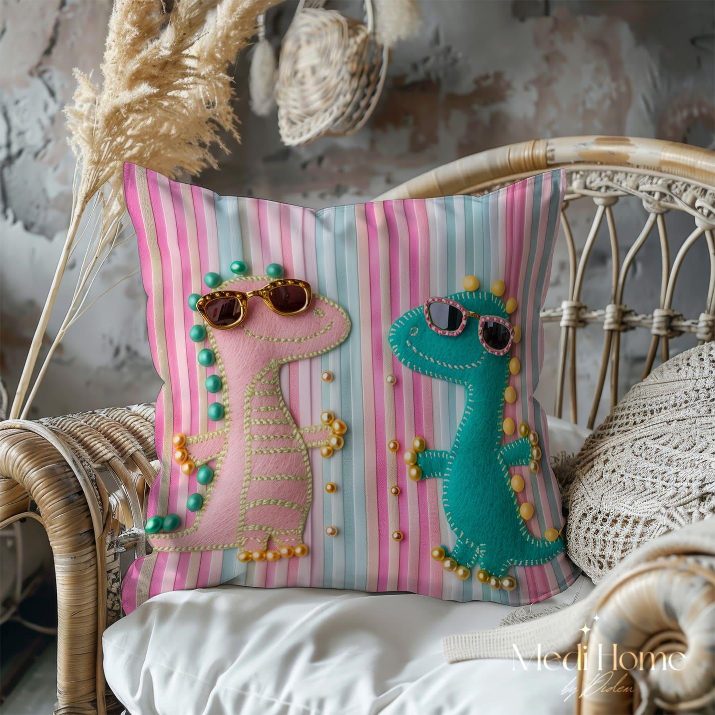 Pastel Çizgilerde Gözlüklü Dinozor Keyfi 3'lü Pano Kumaşı