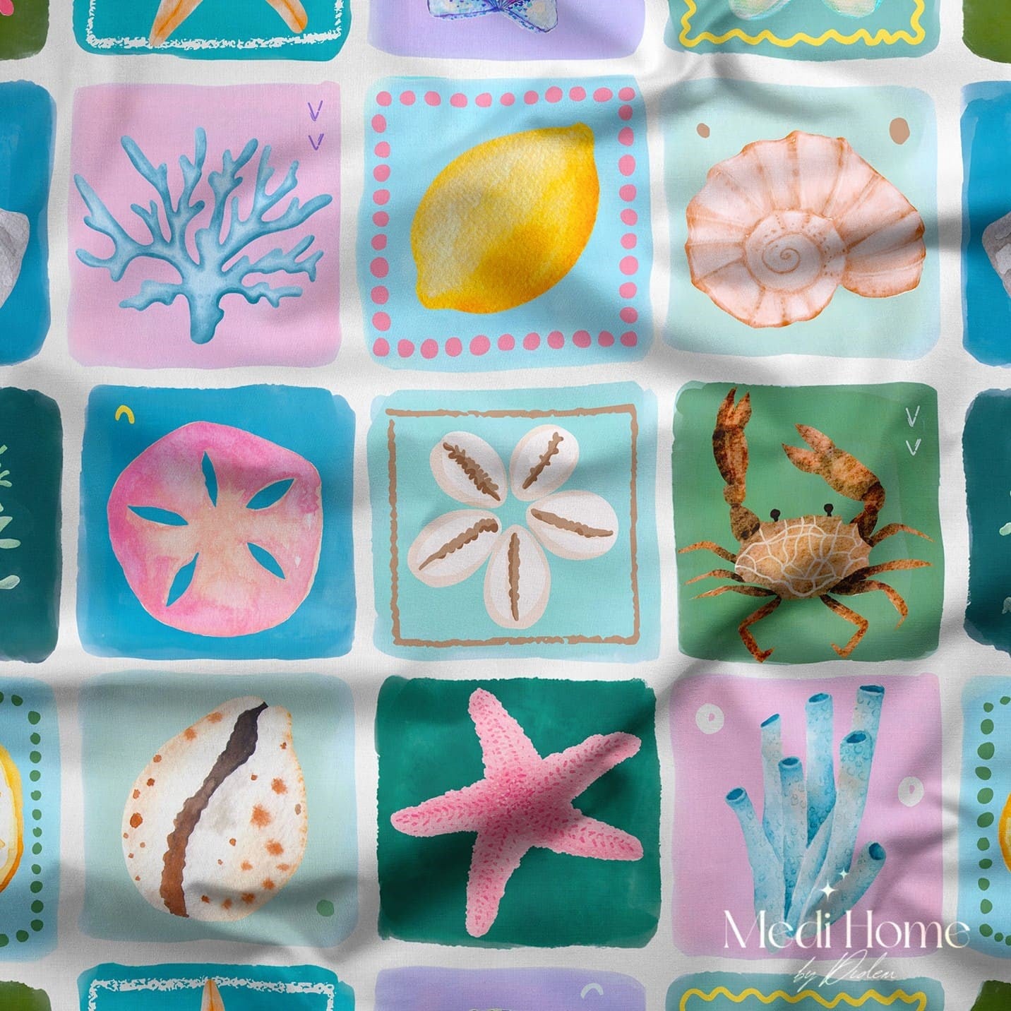 Pastel Deniz Hazineleri Dijital Baskılı Kumaş