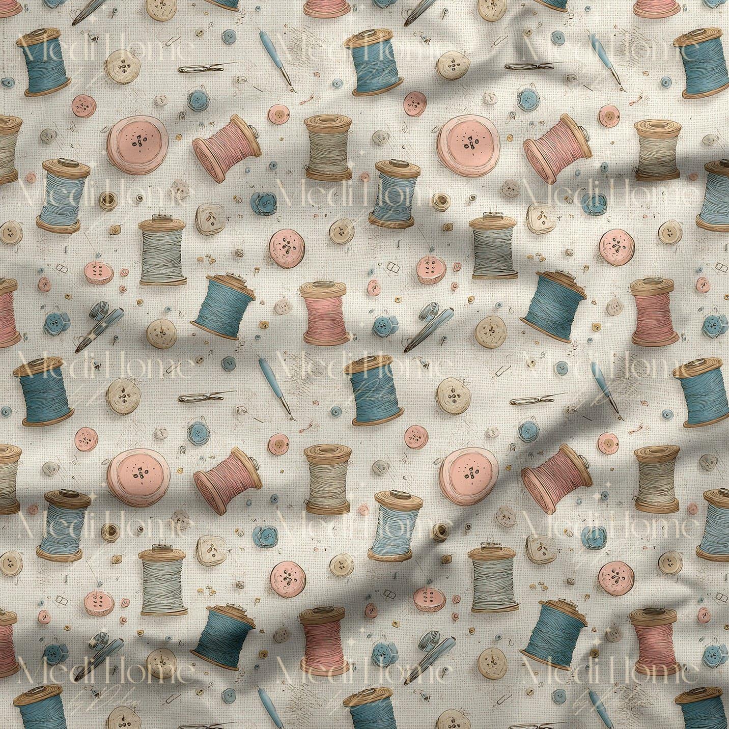 Pastel İplik Makaraları – Vintage Dikiş Atölyesi Dijital Baskılı Kumaş