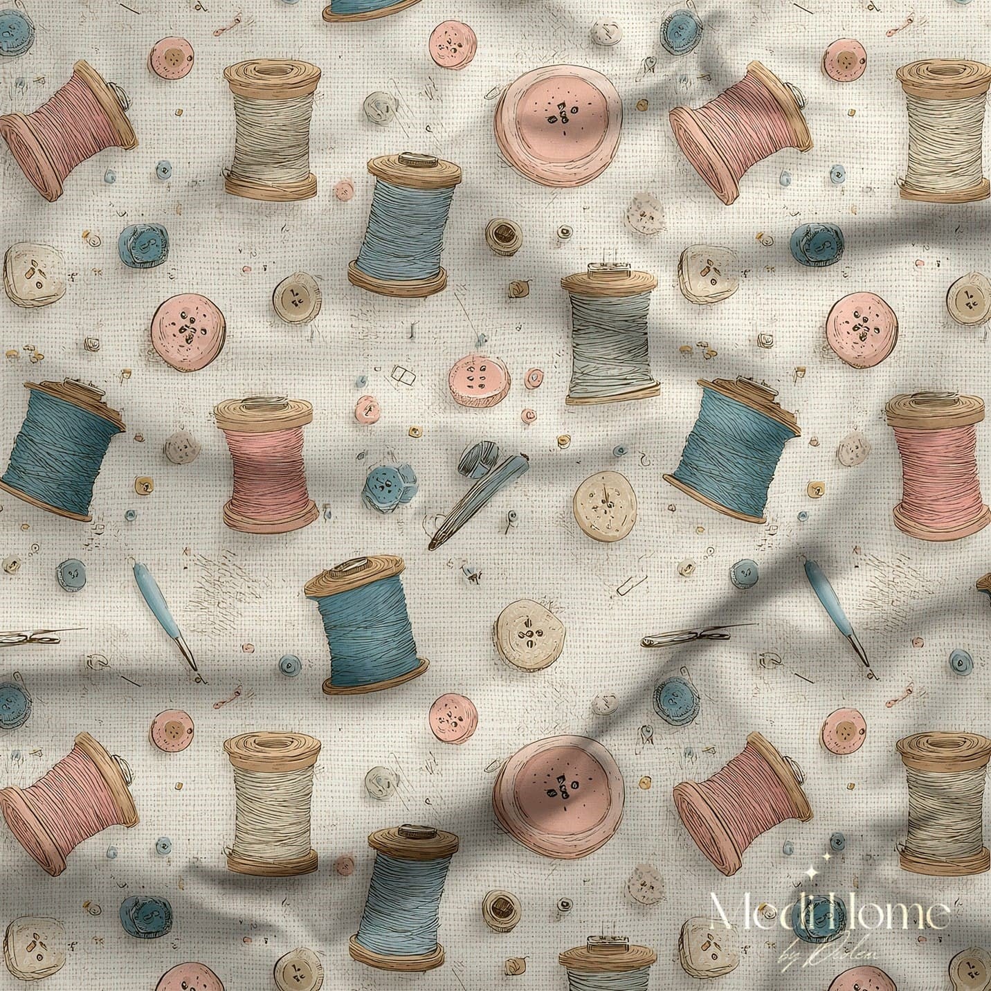 Pastel İplik Makaraları – Vintage Dikiş Atölyesi Dijital Baskılı Kumaş
