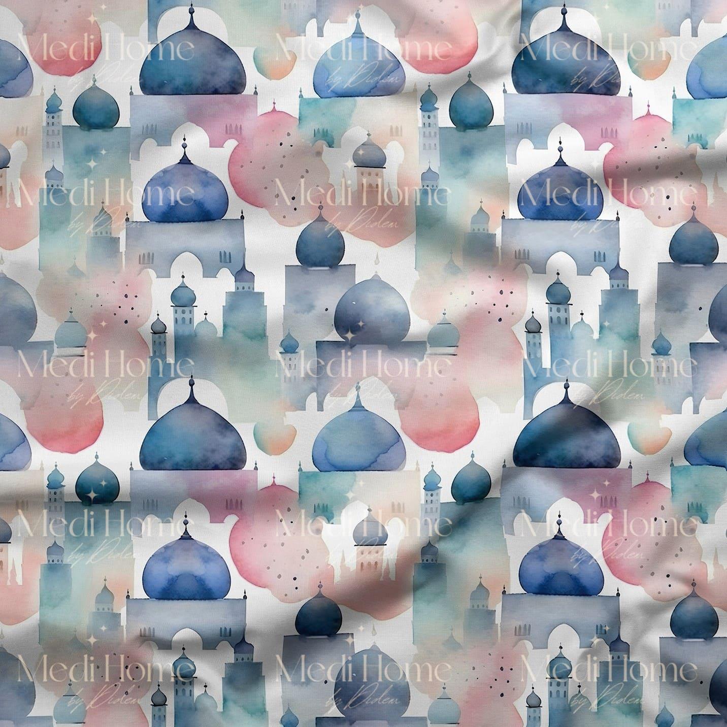 Pastel Kubbelerin Rüya Şehri Dijital Baskılı Kumaş