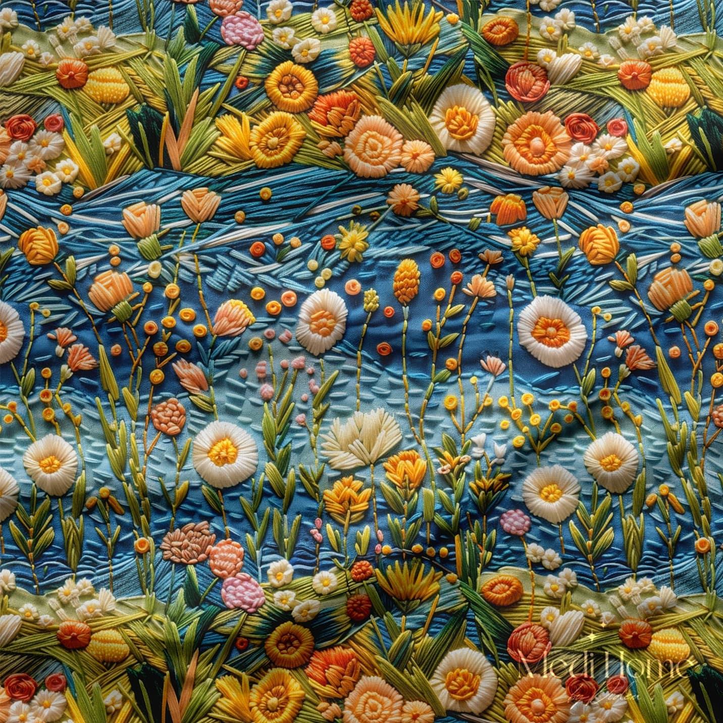 Pastel Nakış Bahçesi Dijital Baskılı Kumaş