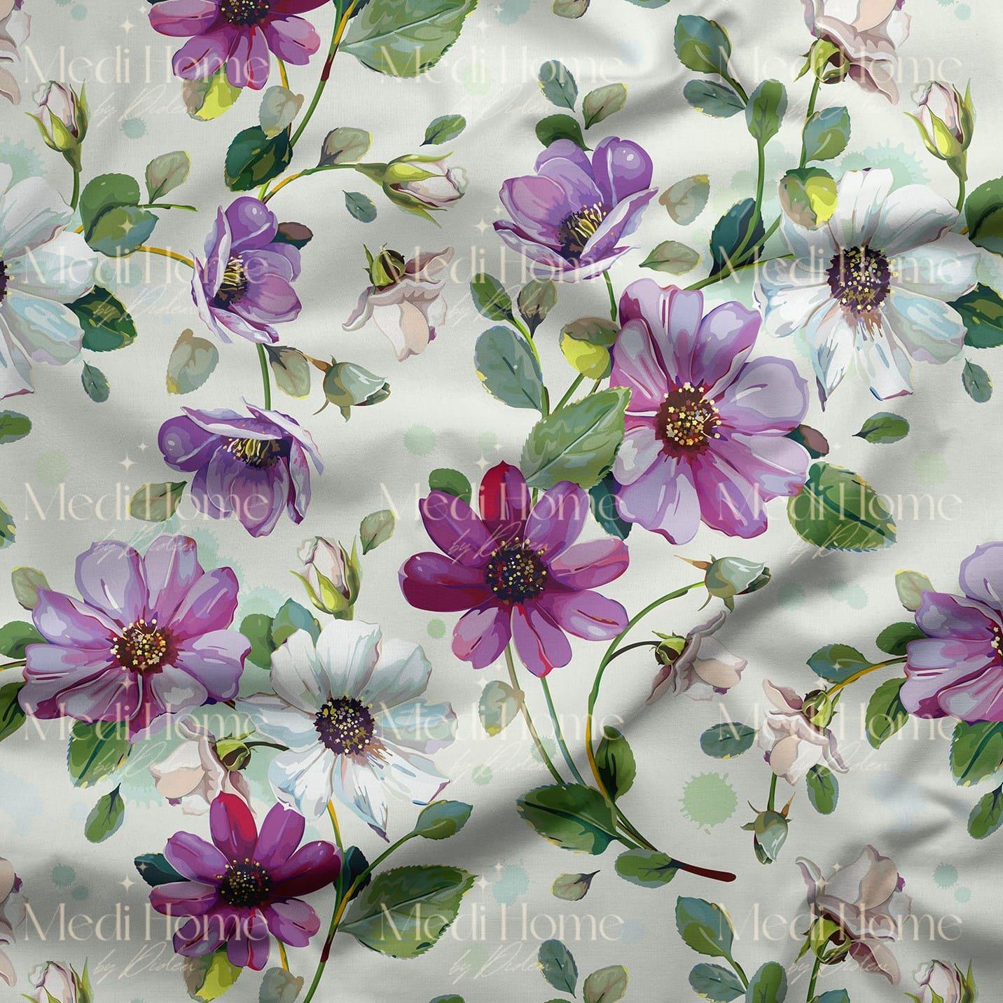 Pastel Rüyada Mor Çiçekler Dijital Baskılı Kumaş