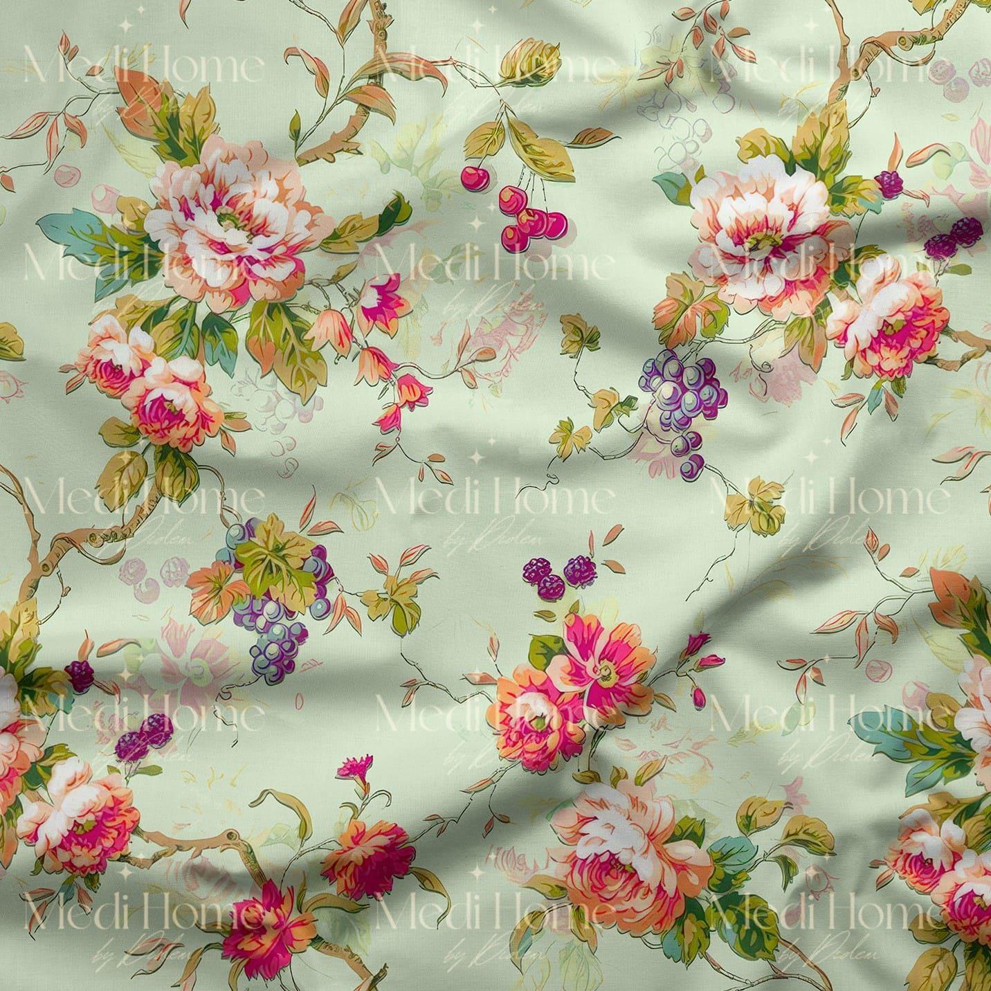 Pastel Yeşil Zeminde Vintage Çiçek ve Üzüm Bahçesi Dijital Baskılı Kumaş