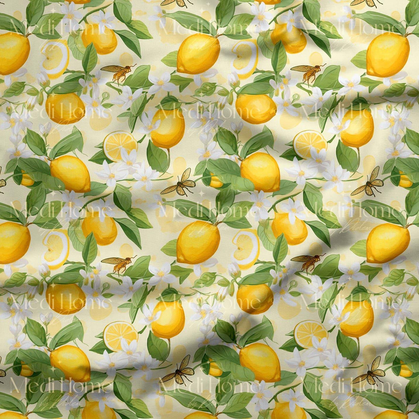 Pastel Zeminde Limon Çiçekleri Baharı Dijital Baskılı Kumaş