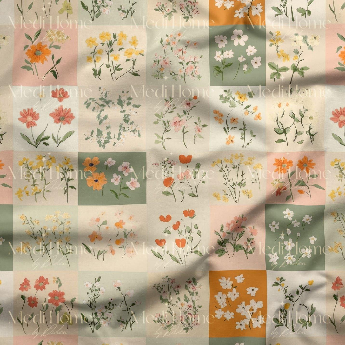 Patchwork Bahçesinde Açan Çiçekler – Dijital Baskılı Kumaş