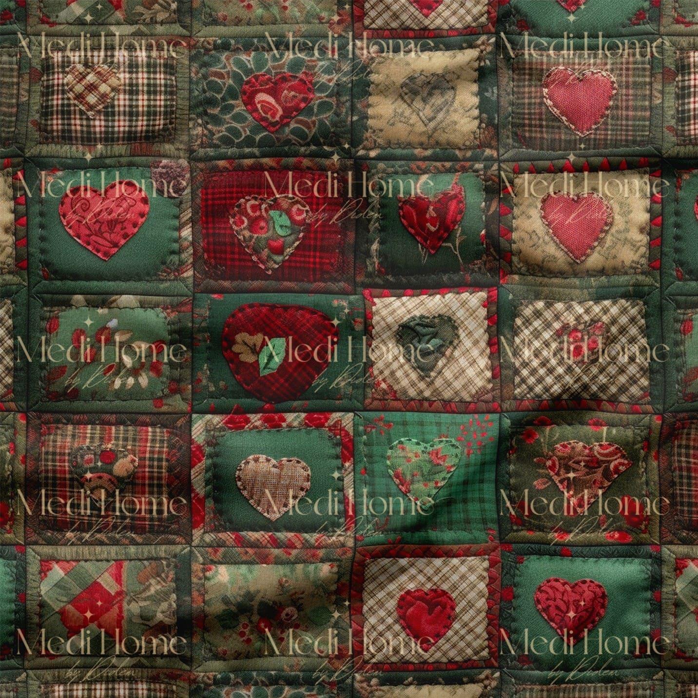 Patchwork Kalplerle Yılbaşı Battaniyesi Dijital Baskılı Kumaş