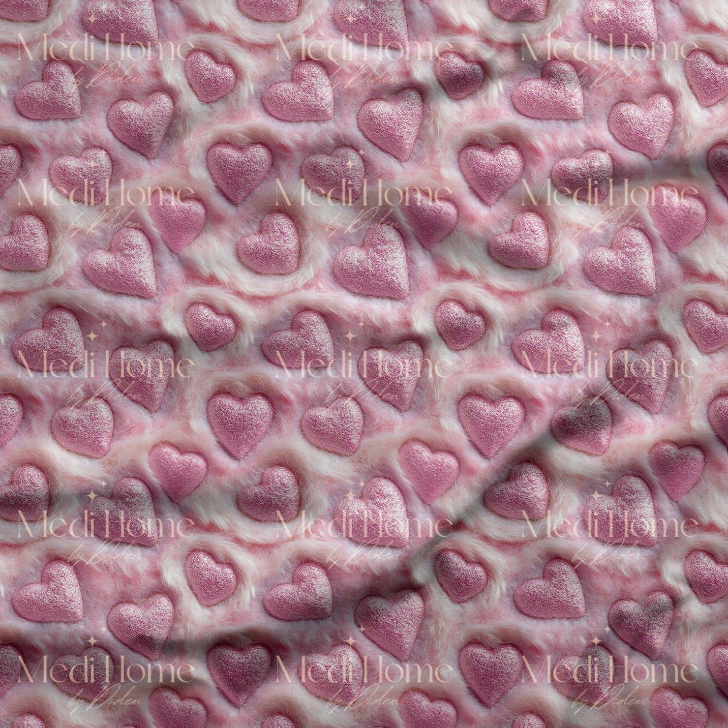 Peluş Dokuda Pembe Kalpler Dijital Baskılı Kumaş