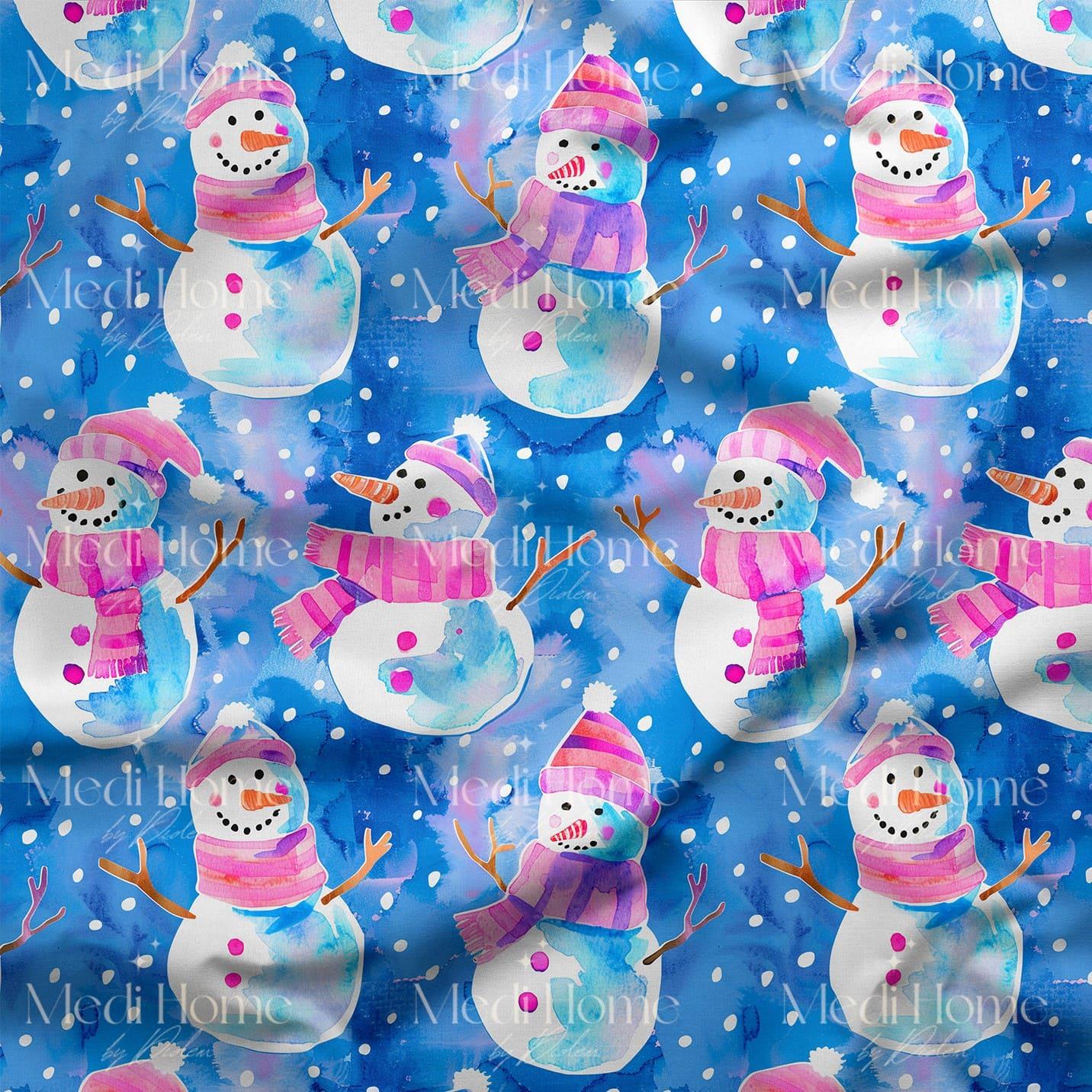 Pembe Bereli Kardan Adamların Kış Neşesi Dijital Baskılı Kumaş