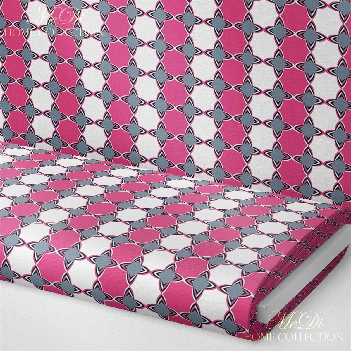 Pembe-Gri Geometrik Yıldız Desenli Dijital Baskılı Kumaş