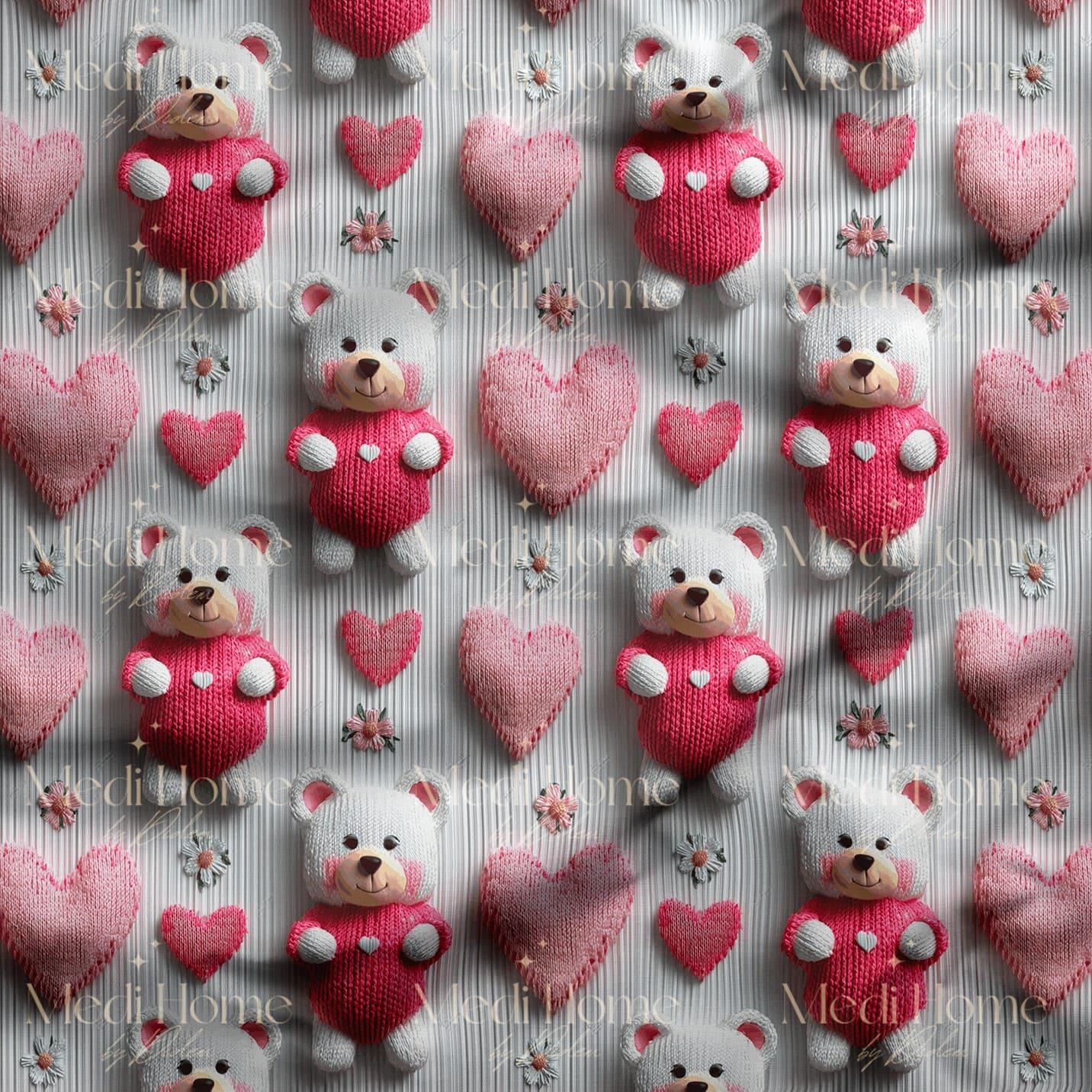 Pembe Kalplerle Beyaz Teddy Ayıcıklar Dijital Baskılı Kumaş