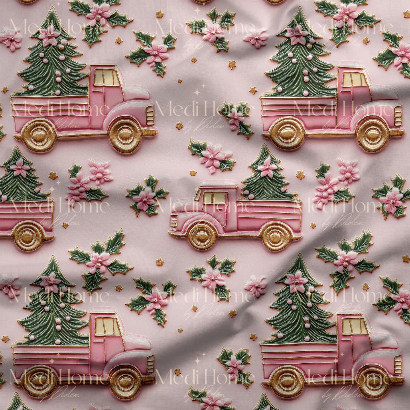 Pembe Kamyonun Yılbaşı Masalı – 3D Noel Ağacı Dijital Baskılı Kumaş