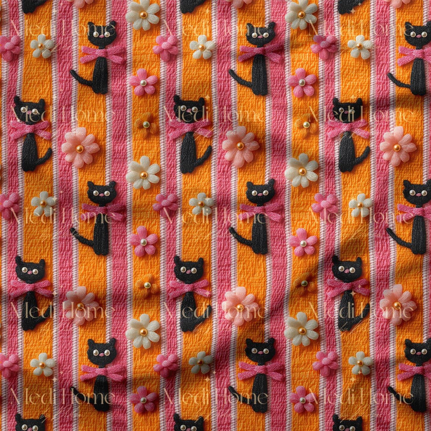 Pembe Kurdeleli Sevimli Kedi ve Çiçek Bahçesi Dijital Baskılı Kumaş
