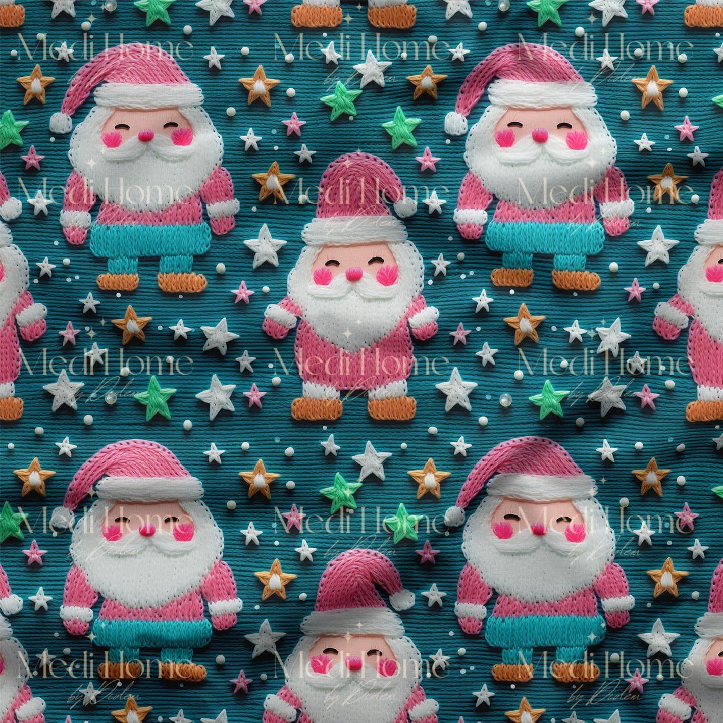 Pembe Masalın Sevimli Noel Babaları Dijital Baskılı Kumaş