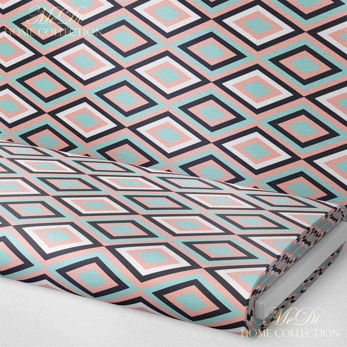 Pembe-Mavi Geometrik Baklava Desenli Dijital Baskılı Kumaş