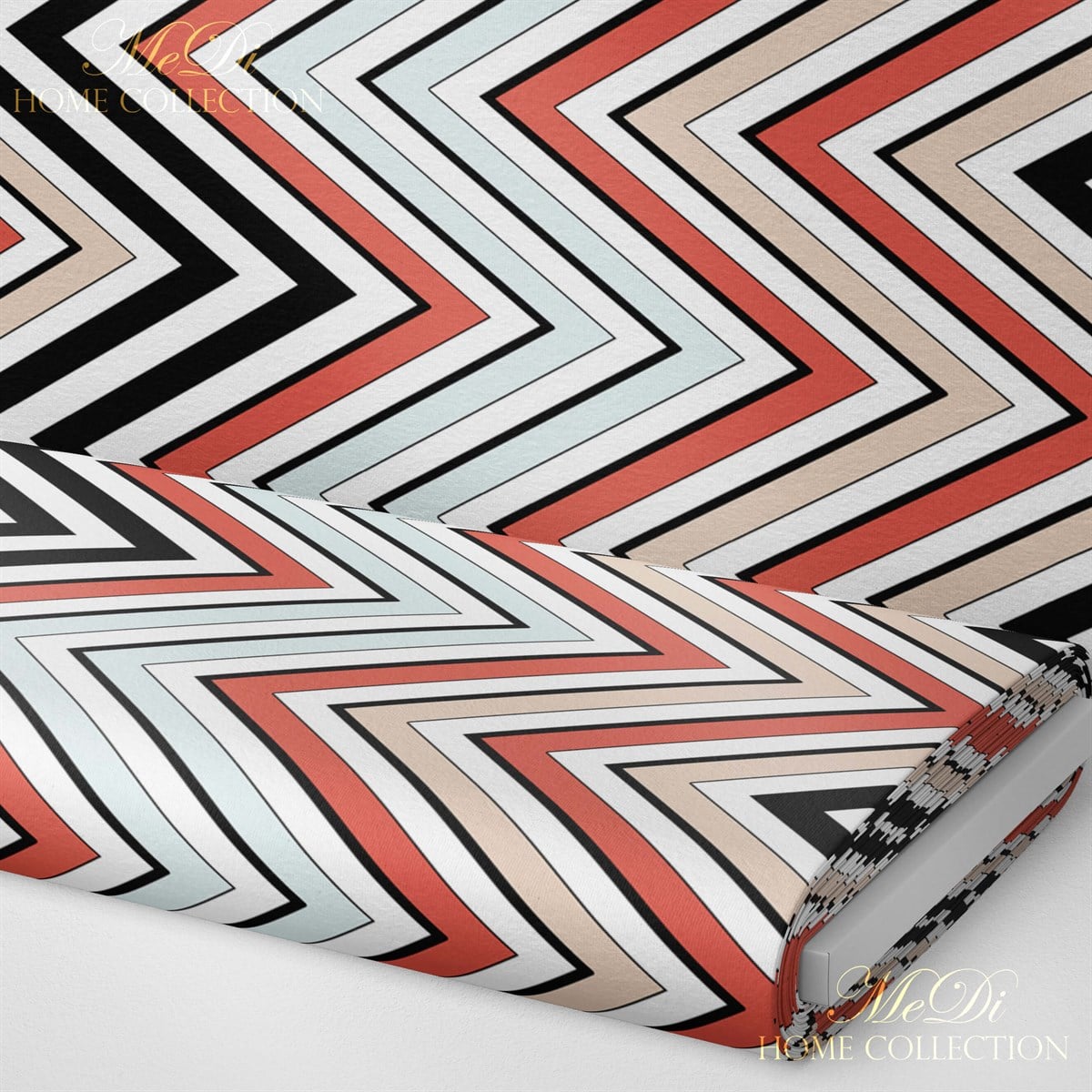 Pembe, Mavi ve Siyah Tonlarında Zigzag Desenli Dijital Baskılı Kumaş