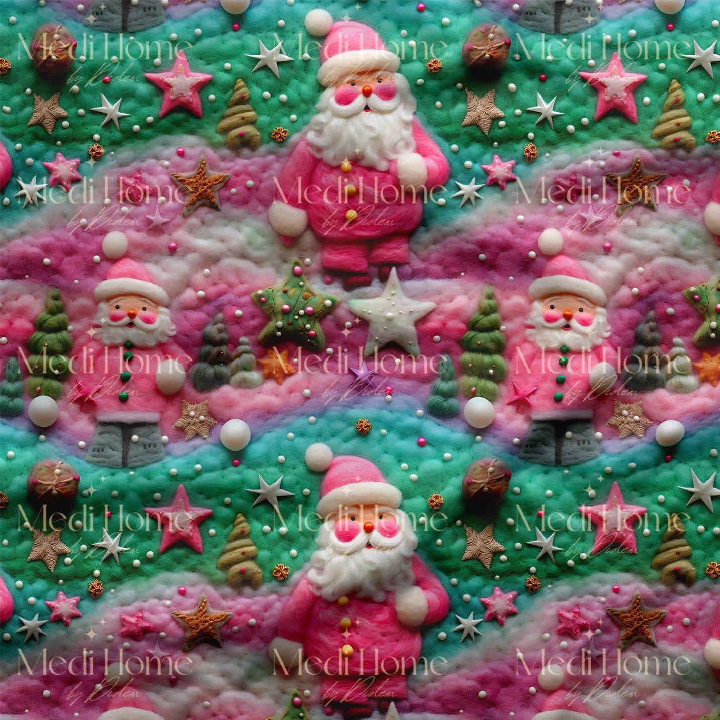 Pembe–Mint Bulutlarda Noel Baba Rüyası Dijital Baskılı Kumaş