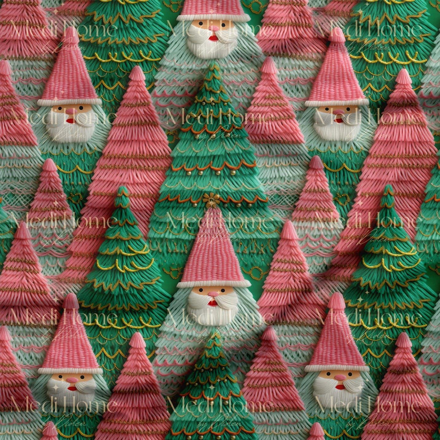 Pembe & Mint Ormanında Noel Baba Dijital Baskılı Kumaş