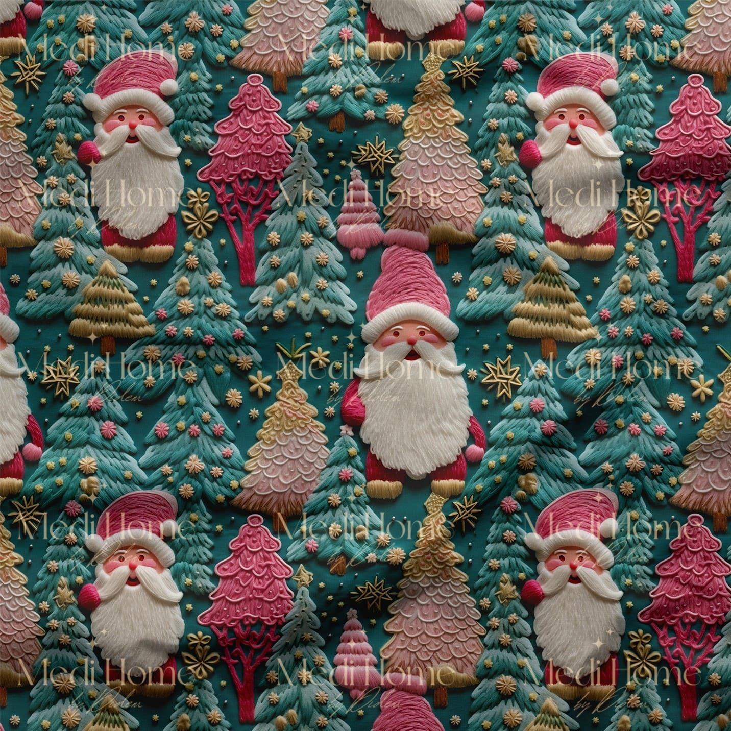Pembe Noel Büyüsü – 3D Yılbaşı Baba & Işıltılı Ağaçlar Dijital Baskılı Kumaş
