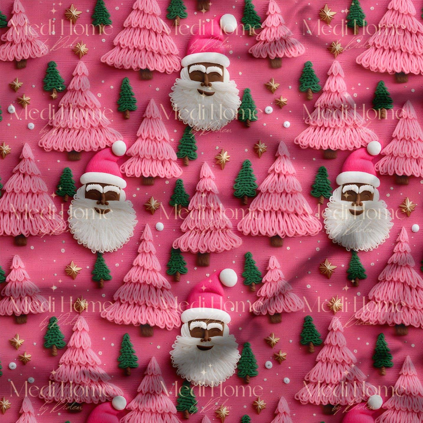 Pembe Ormanın Neşeli Noel Babası Dijital Baskılı Kumaş