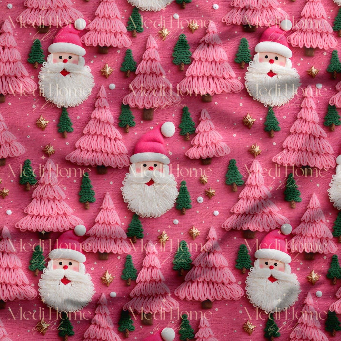 Pembe Ormanın Şeker Tadında Noel Babası – 3D Yılbaşı Dijital Baskılı Kumaş