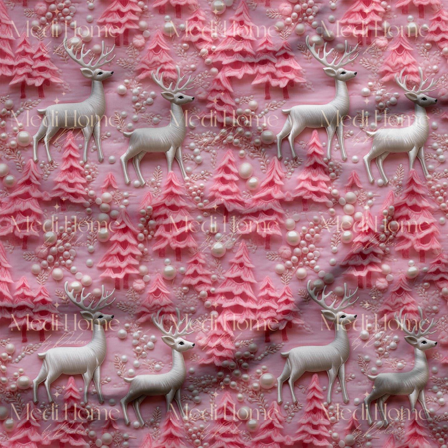 Pembe Ormanın Zarif Geyiği – 3D Kış Masalı Dijital Baskılı Kumaş