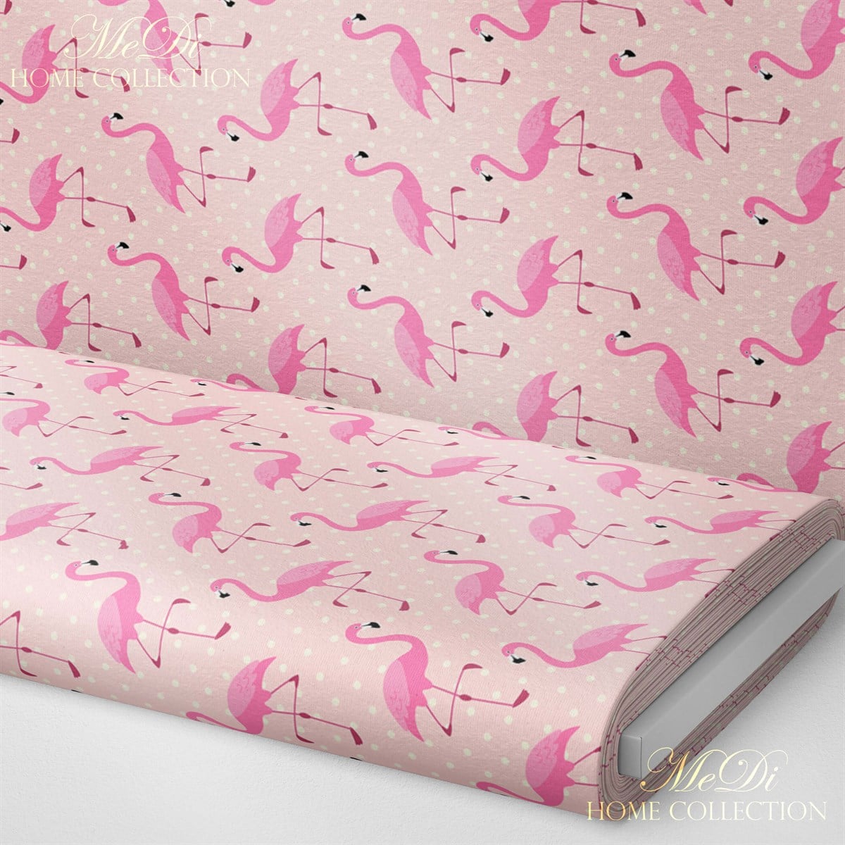 Pembe Puantiyeli Flamingo Desenli Dijital Baskılı Kumaş
